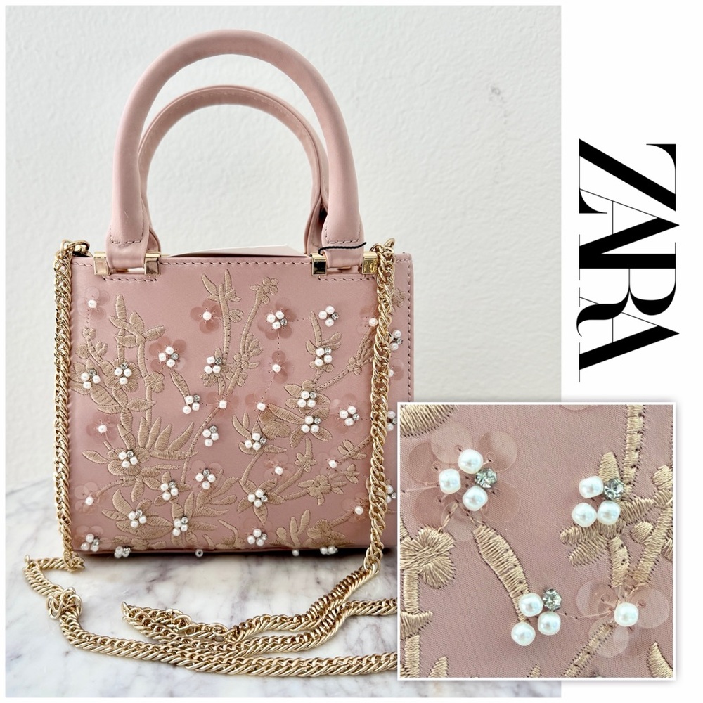 Zara Pink Embellished Floral Mini Bag with Gold Chain